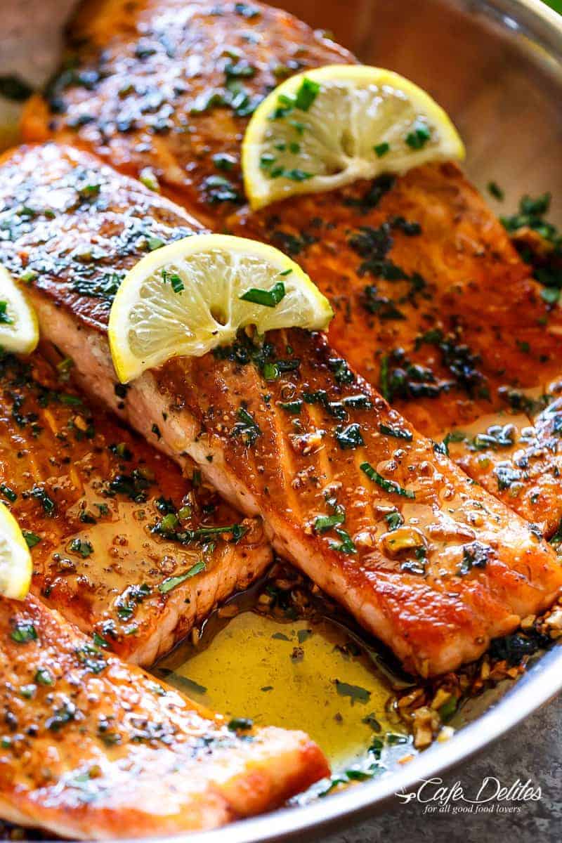 Minute Skillet Seared Salmon with Garlic Lemon Butter Sauce